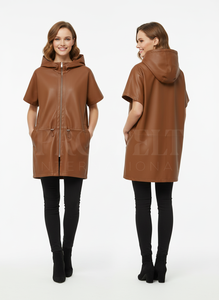 Genuine Leather Cape Manufacturer High Quality Zipper Front Short Sleeve Hood Neck Fashion Winter Outerwear Leather Cape Coats - Product Image 3