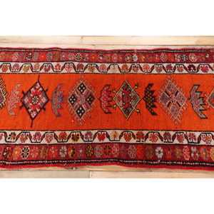 Turkish 2.6x11.7 ft Rug, Herki Vintage Rug, <b>Red</b> Camouflage <b>Wool</b> Rug - Product Image 3