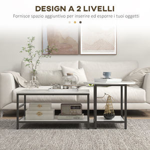 HOMCOM Ensemble de tables basses à 2 niveaux en aggloméré et acier avec dessus à effet marbre, noir et blanc - Product Image 5