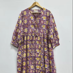 Bunga blok tangan cetak Kyra Midi Gaun gaun katun Bohemian gaun untuk wanita hadiah untuk anda sayang tunik pendek tali dekat - Product Image 1