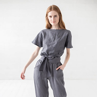 Wholesale Oversized Linen Blouse Loose Slim Fit Medium Length Tie Waist Front Knot Classic Style Applique Short Kimono Linen <strong>Top</strong>