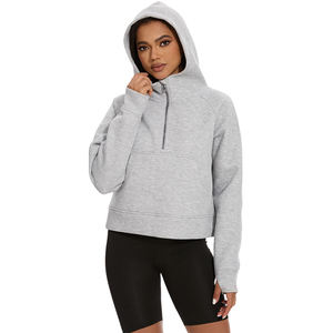 Señoras Crop Top Hoodies Color gris Thumb Hole Half Zip Pullover Gym Fitness Sudadera con capucha recortada para mujer con bolsillo de canguro - Product Image 2