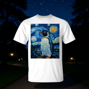 T-Shirt Stile Van Gogh Notte Stellata con Design di Pinguini per Promozioni - Product Image 3