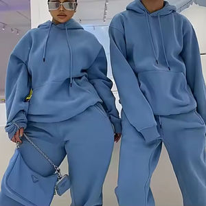 Ensemble de survêtement pour femmes et hommes, logo personnalisé, deux pièces, sweat-shirt et pantalon, streetwear ample, broderie lourde, maille 100% coton, couple - Product Image 1