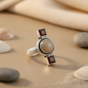 Anillo de Cóctel de Plata 925 con Piedras Preciosas para Mujer, con Perla de Agua Dulce, Diseño Geométrico, Estilo Elegante, para Uso Diario - Product Image 2
