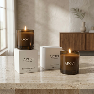 Arovi - <span class=keywords><strong>Bougie</strong></span> parfumée de luxe en verre ambré à la cire de soja, longue durée de combustion, avec parfum d'huiles essentielles pour marque privée - Product Image 3