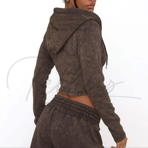 Women's Summer Formal Fitness <b>Short</b> <b>Sleeve</b> Crew Neck Crop Top <b>Hoodie</b> Eco-Friendly Custom Acid Wash - Product Image 4