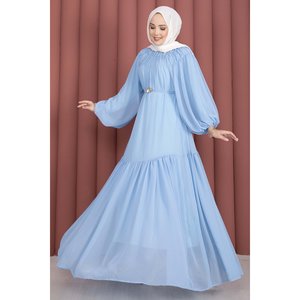 Vestido de Gasa Azul Celeste Modesto con Cinturón con Detalle Fruncido, Cintura Imperio y Silueta en A - Product Image 1