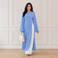 Loriya Modest Two Piece Muslim Outfit Atasan Abaya Lengan Panjang dengan Belahan Samping, Tali Serut di Belakang, dan Celana Senada untuk Wanita