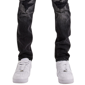 Jean en denim noir déchiré et délavé pour homme, coupe droite, style streetwear décontracté, pour le quotidien - Product Image 5
