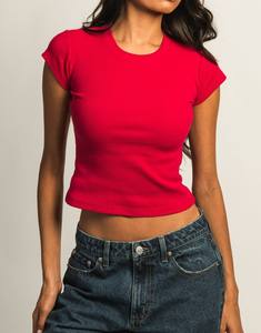 Top corto acanalado de algodón 100% para mujer, ajustado, de manga corta, estilo de cuello, Color sólido, informal, de verano, uso diario con decoración de logotipo - Product Image 1