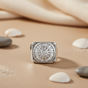 แหวนผู้ชายชุบโรเดียมสีทองขาว ประดับเพชรทรงบาแก็ตต์และเพชรซิคอน - Product Image 1