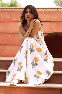 Hot Selling Lightweight Cotton Sleeveless Maxi Dress Hand Block Printed <b>Yellow</b> Flowers Green Leafs Embellished <b>Lace</b> Eco-Friendly - Product Image 5