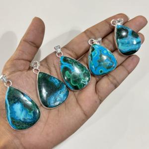 Tendance Naturel Malachite Chrysocolle Plaqué Or En Argent Sterling Bohème Pendentif Collier pour Femmes - Product Image 3