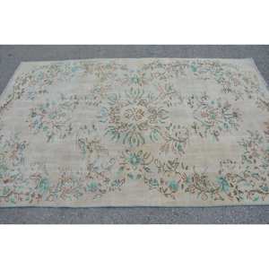 Classic Beige Blue Vintage Turkish Rug 5.2 X 8.3ft Handmade Eco Friendly Medium Pile Patchwork Design Wool Bamboo Silk Material - Product Image 4