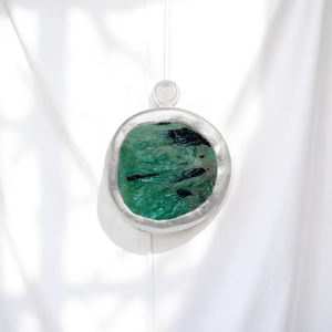 925 Sterling Silver Rough Emerald Round Bezel Gemstone DIY Charm Pendant <b>Connector</b> For Necklace Jewelry Making Bulk Wholesale - Product Image 1