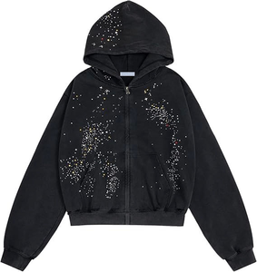 Sweat à capuche zippé de haute qualité avec impression de strass, logo personnalisé, poids lourd, 100% coton, délavé à l'acide, streetwear pour hommes - Product Image 1