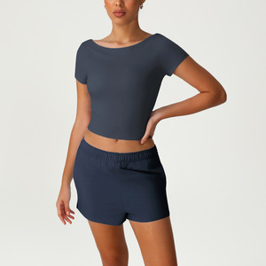 Venta caliente logotipo personalizado Spandex Nylon transpirable 4 piezas mujeres Tops y pantalones Active Gym Wear Yoga Set para la venta - Product Image 6