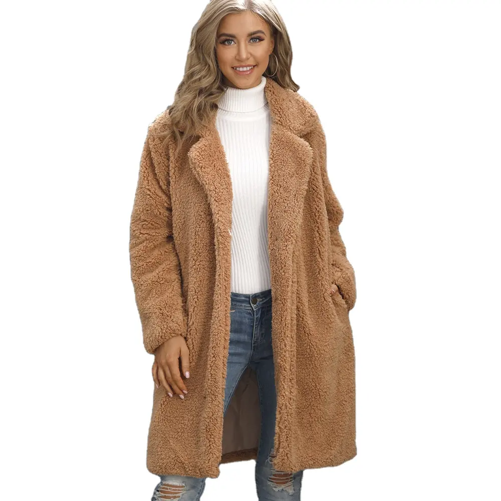 Kadın bulanık polar yaka açık ön uzun hırka sıcak kış dış giyim ceketler uzun kürk kadın