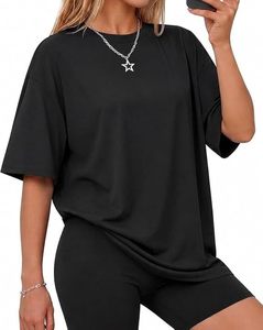 Camiseta de Moda para Mujer, Corte Holgado, Cuello Redondo, Manga Corta, Informal, 100% Algodón, Color Sólido, Verano - Product Image 1