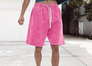 Customized Streetwear Acid Washed Rhinestone French Terry Pink Sweat <b>Shorts</b> for <b>Men</b> Embroidery Hip Hop Drawstring Summer Fashion - Product Image 3