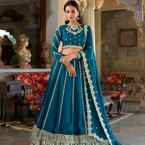 Nouveauté Designer Vichitra Soie Cousue Lehenga Chemisier non cousu Choli Wedding Party Wear Sequins Thread Embroidery Indian - Product Image 1