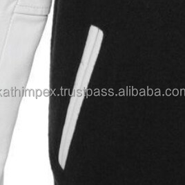 Unisex College Outerwear Custom Bomber Jacket Canvas Wool <b>Body</b> Leather Sleeves Stand Black <b>White</b> Embroidery Covered Button - Product Image 6