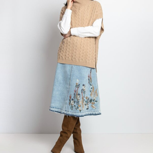 Denim Jeans <strong>Skirt</strong> With Embroidery Long Flared Classic <strong>Embroidered</strong> Jean <strong>Skirts</strong> Pocket Stylish - Product Image 5