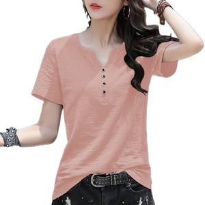 Camisetas Casuales de Algodón para Mujer, Talla Grande, Cuello en V, Manga Corta, con Decoración de Botones, Impresión Digital - Product Image 6