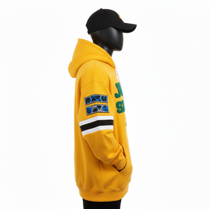 Sweat à capuche zippé en polaire de haute qualité jaune vif avec logo brodé personnalisé sur les panneaux des manches, look sportif, sweat à capuche zippé basique - Product Image 5