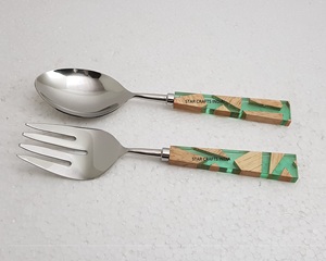 Crack bois d'acacia avec manche en résine acier inoxydable avec argent fini mélange et cuisson salade plat serveur ou cuillères de service - Product Image 6