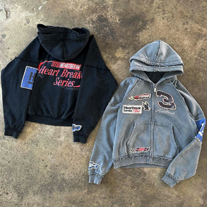 Huili Oem coton épais lavé à l'acide Vintage sweats à capuche hommes logo personnalisé imprimé broderie Double couche fermeture éclair à capuche - Product Image 2