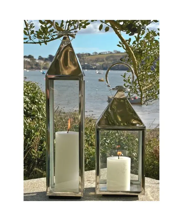 Linterna de vela de metal de diseño único, decoración de fiesta, linterna de vela de metal y vidrio colgante