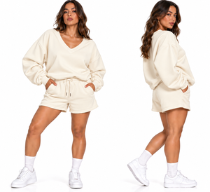 Ensemble lounge bleu 2 pièces pour femme, sweat-shirt surdimensionné à col en V et short à cordon de serrage, tenue décontractée assortie, tissu texturé doux - Product Image 3