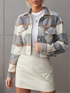 2024 nouveau hiver vestes femmes manteau revers Plaid simple boutonnage laine manteau court automne Plaid imprimé goutte épaule culture pardessus - Product Image 3