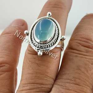 925 Sterling Silver Handmade Chalcedony <b>Ring</b> Boho Style Natural Aqua Chalcedony Oval Gemstone <b>Statement</b> Birthstone Jewelry Gifts - Product Image 1