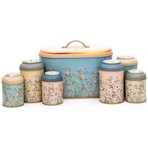 Set da Cucina Kontensan 7 Pezzi in Scatole Rotonde di Latta con Coperchio a Cupola, Disegni Floreali e Botanici in Blu Pastello - Product Image 1