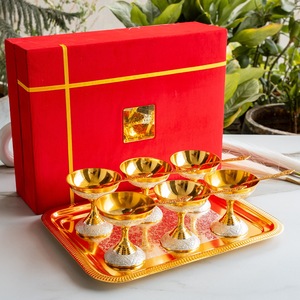 IndianArtVilla Cuencos de helado hechos a mano, chapados en oro, pulidos, con 6 cucharas y bandejas, para uso doméstico en hoteles - Product Image 6