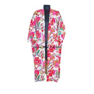 Handmade Indian Kantha Cotton Kimono Robe for Women Hand-painted Pattern Quilted Winter Jacket Reversible Knitted <b>Lightweight</b> - Product Image 1