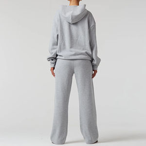 Conjunto de Jogger acampanado de gran tamaño para mujer de algodón 100% de alta calidad, gran oferta, ropa de calle, estilo informal, Sudadera con capucha estampada, chándal sólido - Product Image 3