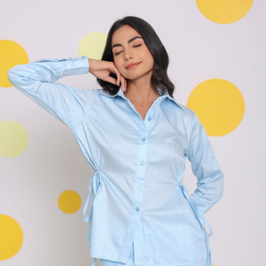 Conjunto de algodón puro azul cielo estilo occidental Co-ord Camisa cómoda 2 bolsillos cuello sólido botón decoración diseño de pantalón relajado - Product Image 1