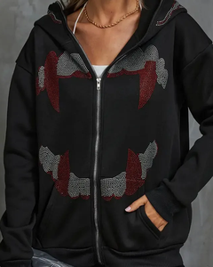 Custom Fully <b>Zip</b> <b>Up</b> Rhinestone <b>Hoodie</b> in <b>Black</b> Cotton Fleece Heavy Weight 450 GSM by Xelent Uniform - Product Image 4