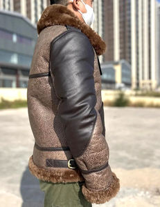 Veste d'hiver en peau de mouton pour hommes véritable fourrure pilote courte couleurs mélangées chaud épaissir laine fermeture éclair toile matériel peau de mouton - Product Image 1