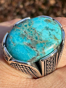 Bague en pierre de turquoise bleue véritable Bague de richesse pour bijoux de mode pour femmes Bijoux de mode en argent 925 oxydé - Product Image 4