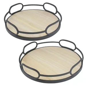 Plateau à chocolat en bois rond de qualité supérieure avec poignées en métal noir pour vitrine à dessert décorative parfait pour la décoration intérieure moderne - Product Image 1
