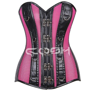 Malla rosa fuerte con corsé de cuero negro - Product Image 1