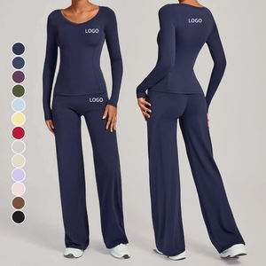 Ensemble de sport confortable avec logo personnalisé, respirant, à séchage rapide, col en V, manches longues, pantalon de course à jambe évasée, effet push-up, pour yoga et gym - Product Image 1