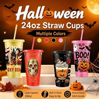 Gobelet de fête d'Halloween 24oz en plastique avec couvercle et paille, sans BPA, logo personnalisé, réutilisable, motif fantôme et citrouille, OEM