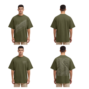 T-shirt pour homme en coton vert olive imprimé DTF, motif topographique, coupe oversize, tendance - Product Image 4