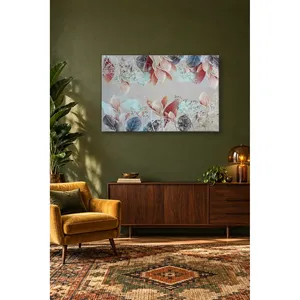 ใบไม้สีชมพูและสีฟ้าของฟิดาบนพื้นหลังสีพาสเทลพิมพ์บนผ้าใบ - Product Image 4